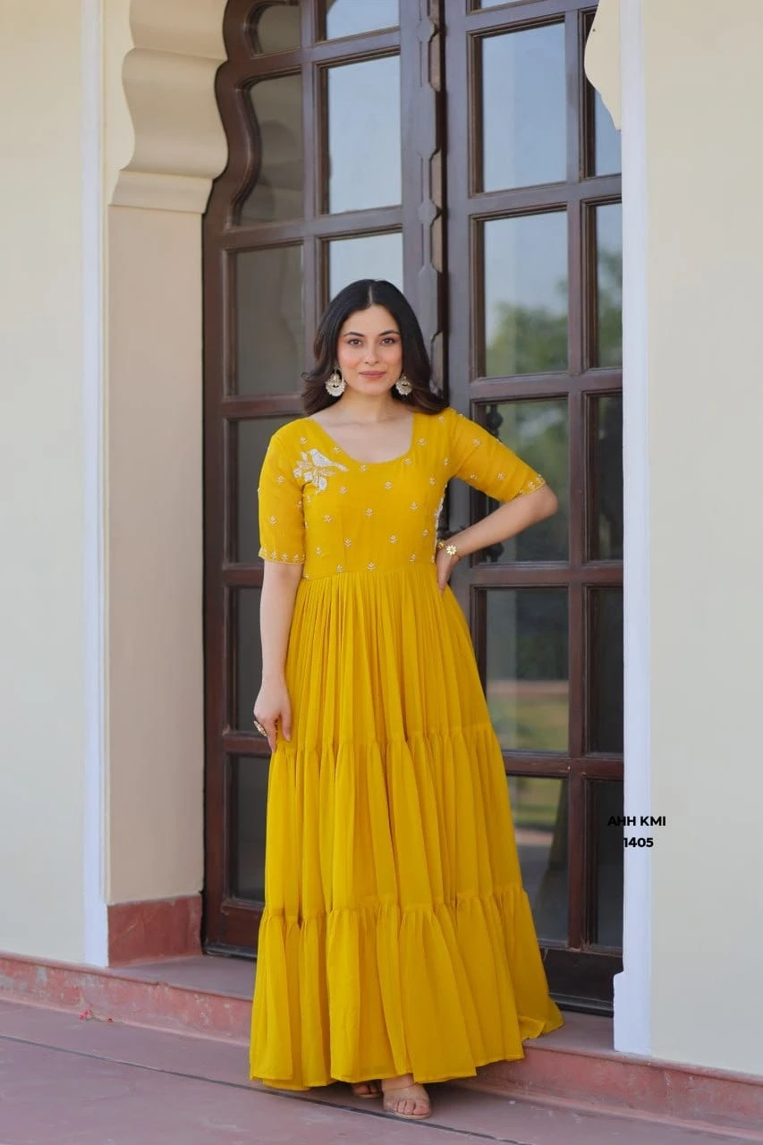 Elegant Yellow Embroidered Tiered Anarkali Gown with Flowy Flared Design